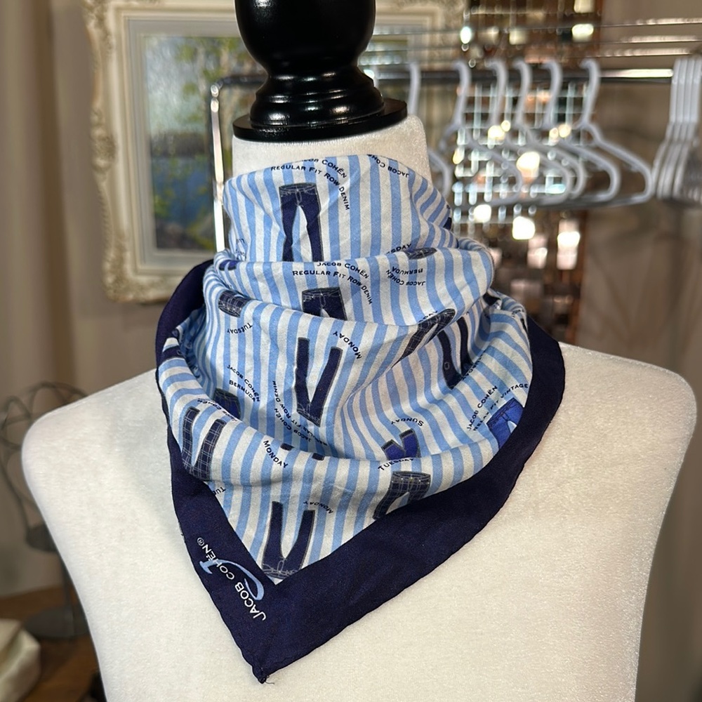 Jacob Cohen Blue and White Men's Silk Denim Day of The Week Scarf